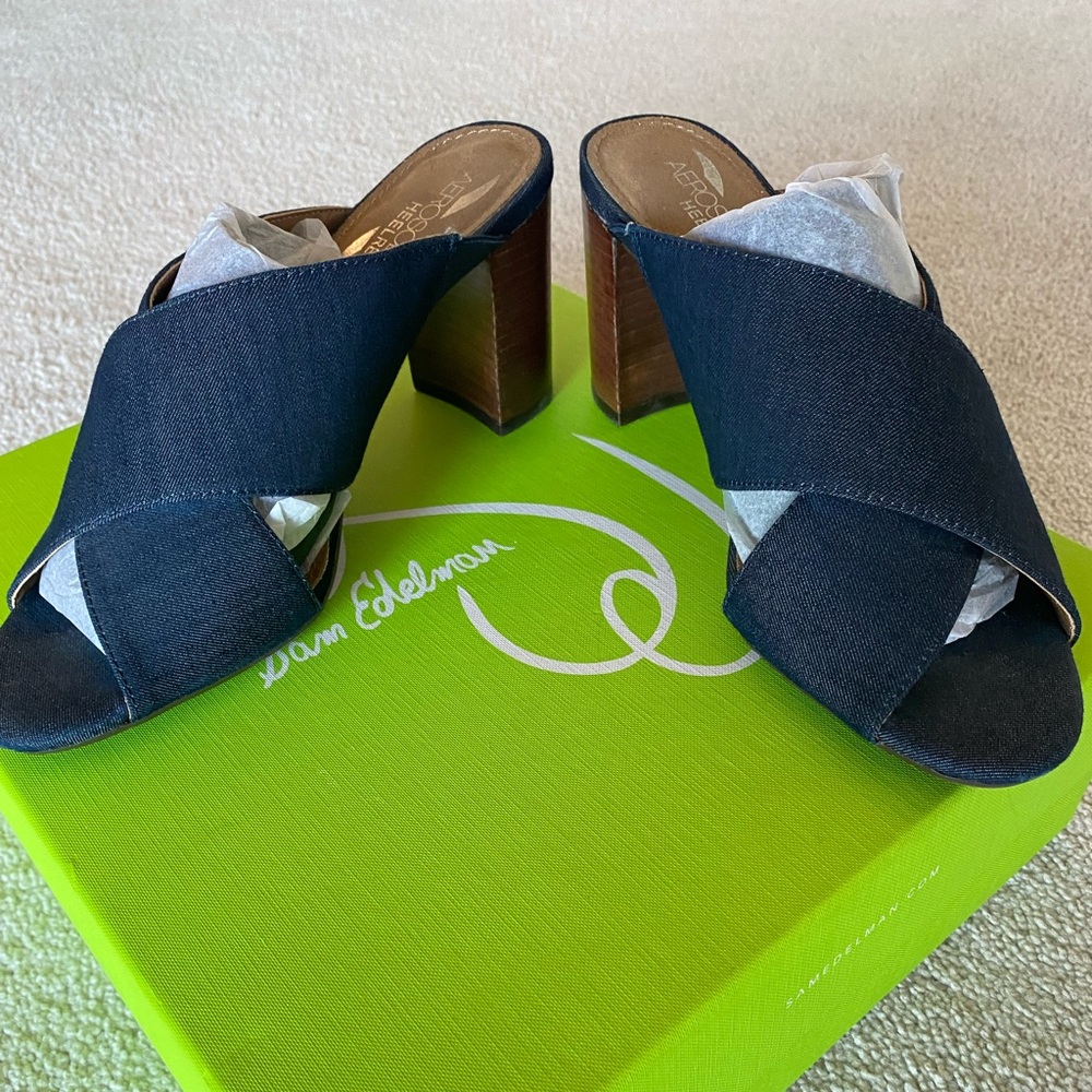 Aerosole healed Slides wide band criss-cross, Sz 8M like NEW Dark Denim NAVY